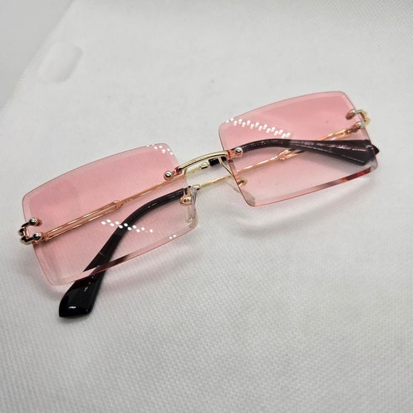 Trendy Pink Tinted‎ Rectangular Sunglasses Gold Frame 2023 Modern Chic Eyewear - Picture 8 of 8